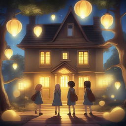 A magical school surrounded by trees with yellow lamps illuminating the area