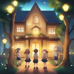 A magical school surrounded by trees with yellow lamps illuminating the area