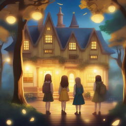 A magical school surrounded by trees with yellow lamps illuminating the area