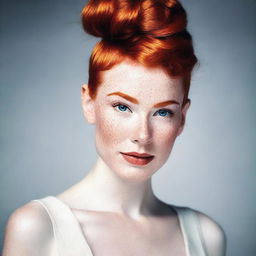 Create an image of a person with red hair styled in a good bun