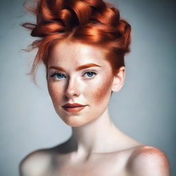 Create an image of a person with red hair styled in a good bun