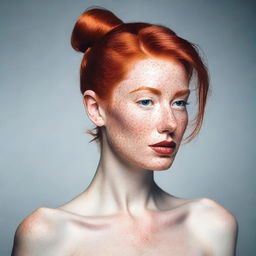 Create an image of a person with red hair styled in a good bun