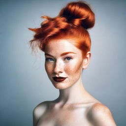 Create an image of a person with red hair styled in a good bun