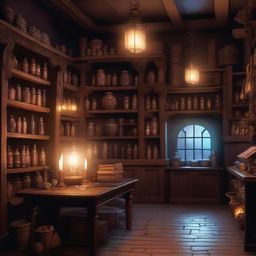 A scene depicting a magic shop set in a Dungeons & Dragons universe