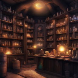 A scene depicting a magic shop set in a Dungeons & Dragons universe