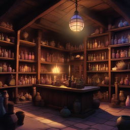 A scene depicting a magic shop set in a Dungeons & Dragons universe