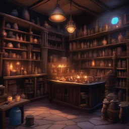 A scene depicting a magic shop set in a Dungeons & Dragons universe