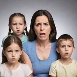 A stern-looking mother with expressive features disciplining her three children, each showing a mix of apprehension and regret.