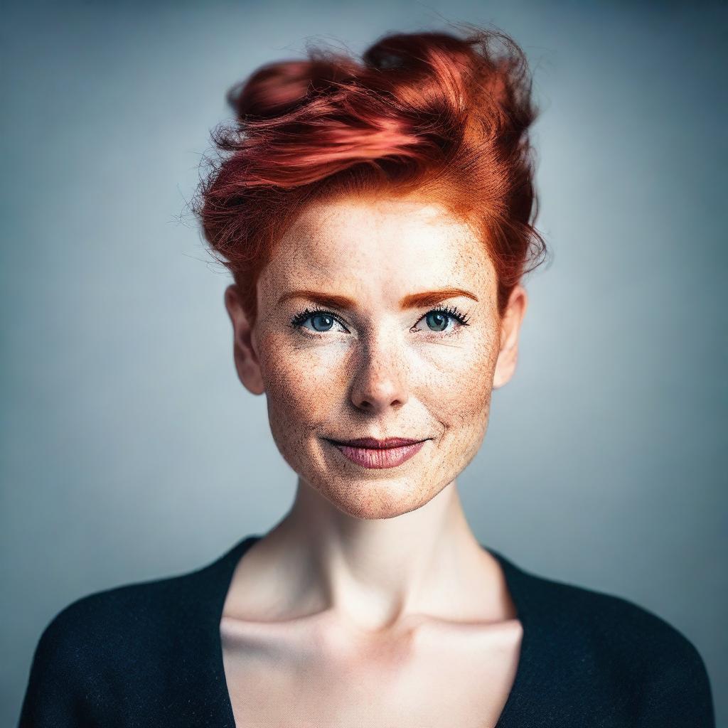 Create an image of a person with red hair styled in a good bun