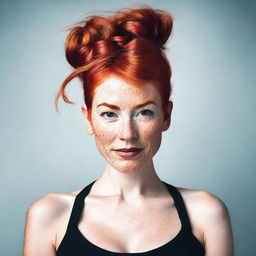 Create an image of a person with red hair styled in a good bun