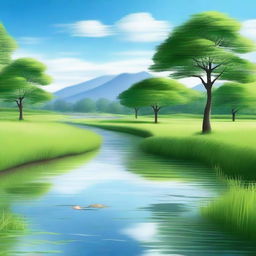 Create an image featuring a serene landscape with a clear blue sky, lush green fields, and a gentle river flowing through it