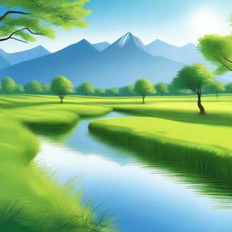 Create an image featuring a serene landscape with a clear blue sky, lush green fields, and a gentle river flowing through it