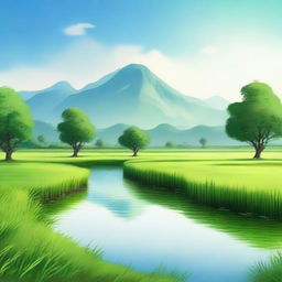 Create an image featuring a serene landscape with a clear blue sky, lush green fields, and a gentle river flowing through it