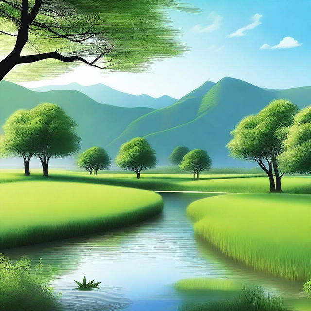 Create an image featuring a serene landscape with a clear blue sky, lush green fields, and a gentle river flowing through it