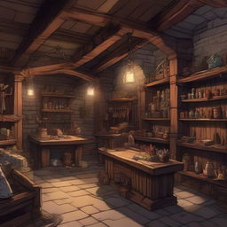 A scene depicting a weapon shop set in a Dungeons & Dragons universe