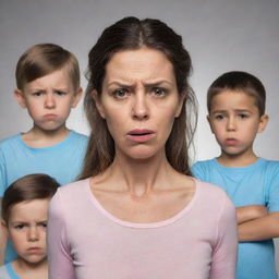 A stern-looking mother with expressive features disciplining her three children, each showing a mix of apprehension and regret.