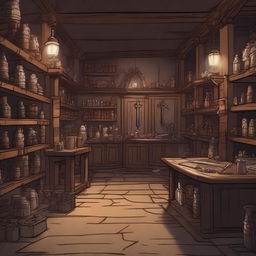 A scene depicting a weapon shop set in a Dungeons & Dragons universe