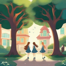 Create an image of a magical school with trees on both sides