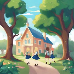 Create an image of a magical school with trees on both sides