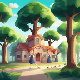 Create an image of a magical school with trees on both sides