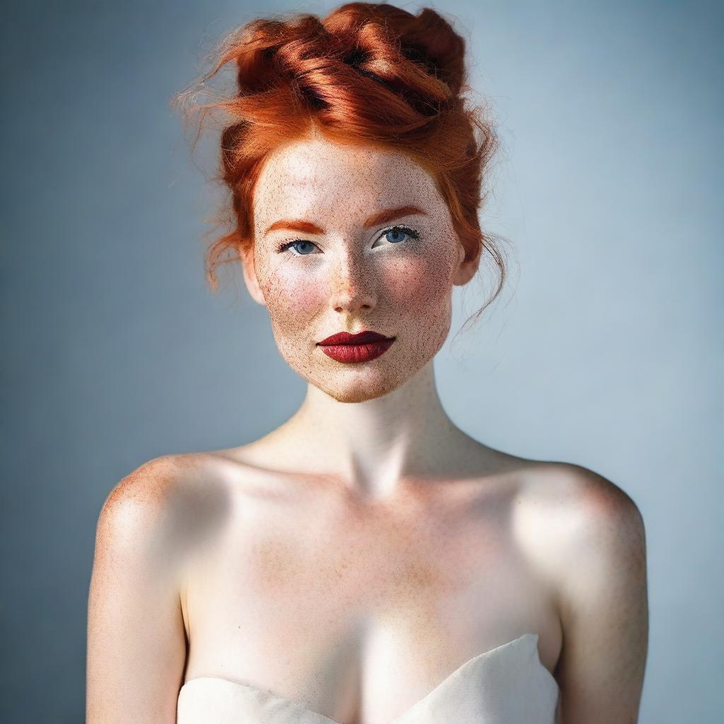 Create an image of a person with red hair styled in a good bun, wearing a long dress