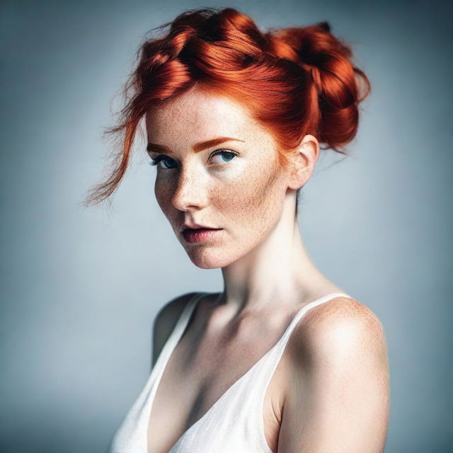 Create an image of a person with red hair styled in a good bun, wearing a long dress