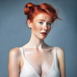 Create an image of a person with red hair styled in a good bun, wearing a long dress