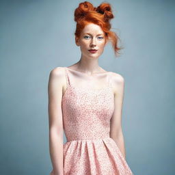 Create an image of a person with red hair styled in a good bun, wearing a long dress