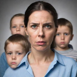 A stern-looking mother with expressive features disciplining her three children, each showing a mix of apprehension and regret.