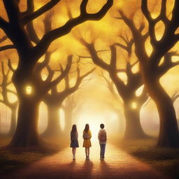 Create an image of a magical school with trees on both sides and yellow lights illuminating the scene