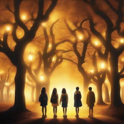 Create an image of a magical school with trees on both sides and yellow lights illuminating the scene