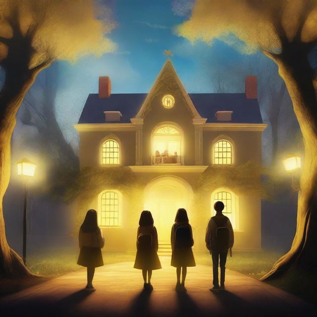 Create an image of a magical school with trees on both sides and yellow lights illuminating the scene