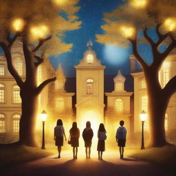 Create an image of a magical school with trees on both sides and yellow lights illuminating the scene