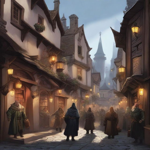 A bustling street scene in a city set in the Dungeons & Dragons universe