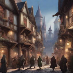 A bustling street scene in a city set in the Dungeons & Dragons universe