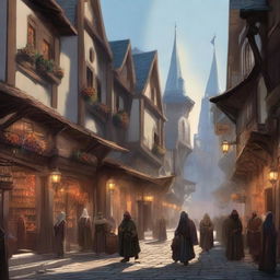 A bustling street scene in a city set in the Dungeons & Dragons universe