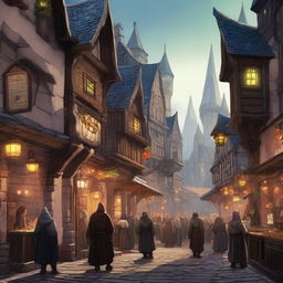 A bustling street scene in a city set in the Dungeons & Dragons universe