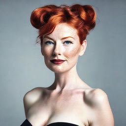 Create an image of a person with red hair styled in a good bun, wearing a black long dress