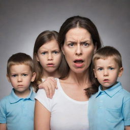 A stern-looking mother with expressive features disciplining her three children, each showing a mix of apprehension and regret.