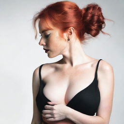 Create an image of a person with red hair styled in a good bun, wearing a black long dress