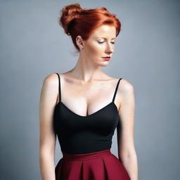 Create an image of a person with red hair styled in a good bun, wearing a black long dress