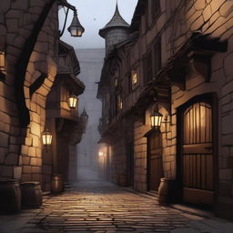 A detailed scene of the narrow alleyways in a city set in the Dungeons & Dragons universe