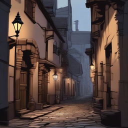 A detailed scene of the narrow alleyways in a city set in the Dungeons & Dragons universe