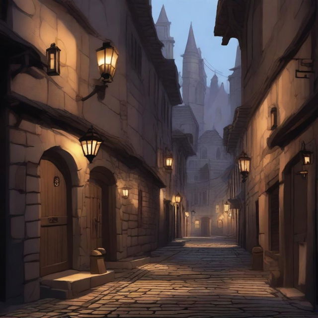 A detailed scene of the narrow alleyways in a city set in the Dungeons & Dragons universe