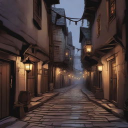 A detailed scene of the narrow alleyways in a city set in the Dungeons & Dragons universe