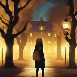 Create an image of a magical school with trees on both sides and yellow lights illuminating the scene