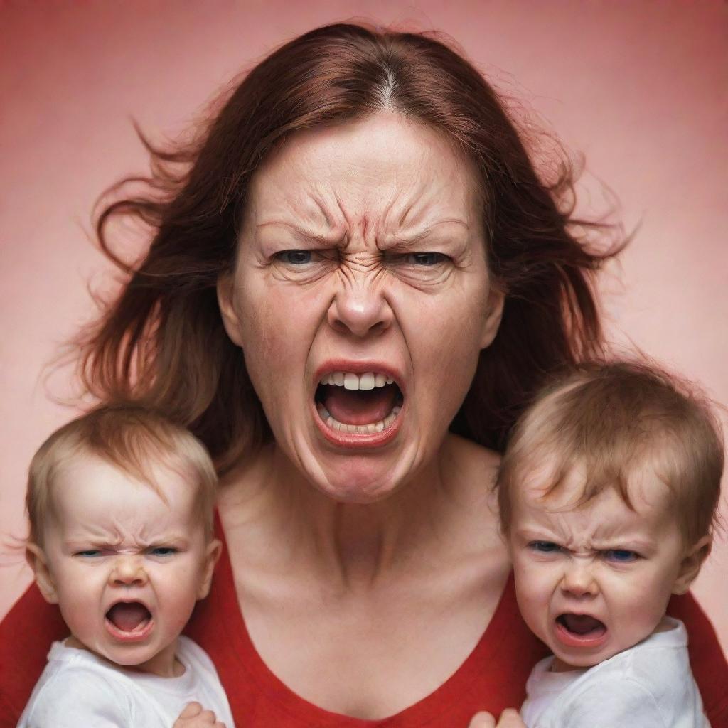 An extremely angry mother, face red with irritation, illustrated in an intense situation with her three greatly fearful children.