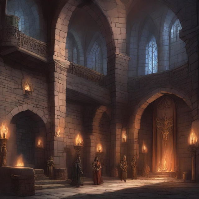 A detailed scene of the interior of a grand castle set in the Dungeons & Dragons universe