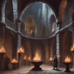 A detailed scene of the interior of a grand castle set in the Dungeons & Dragons universe