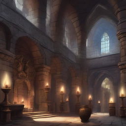 A detailed scene of the interior of a grand castle set in the Dungeons & Dragons universe